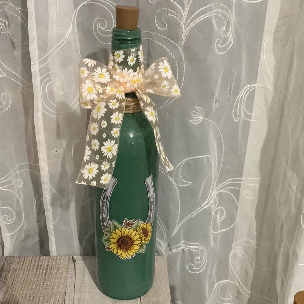 Hand Crafted - Painted Green Wine Bottle Lantern with Sunflower Design